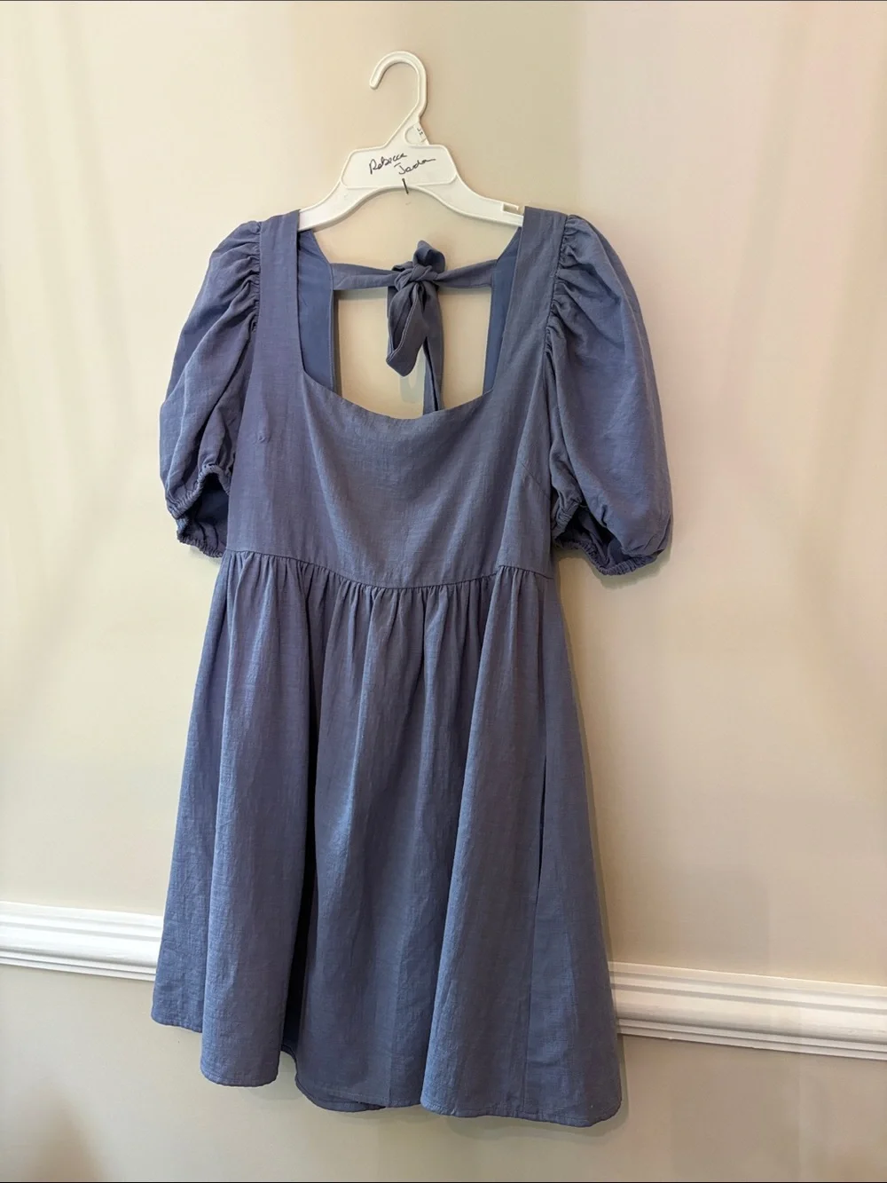 Altar'd State Dusty Blue Puff-Sleeve Tie-Back Dress